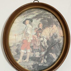 PORTRAIT OF CHARLES 1 HUNTING ART BY ANTHONY VAN DYCK IN OVAL WOOD FRAME-Preowne